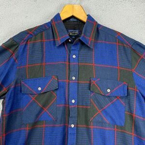 VINTAGE Back Packer Flannel‎ Shirt Mens Large Blue Plaid Button Up Flap Pocket